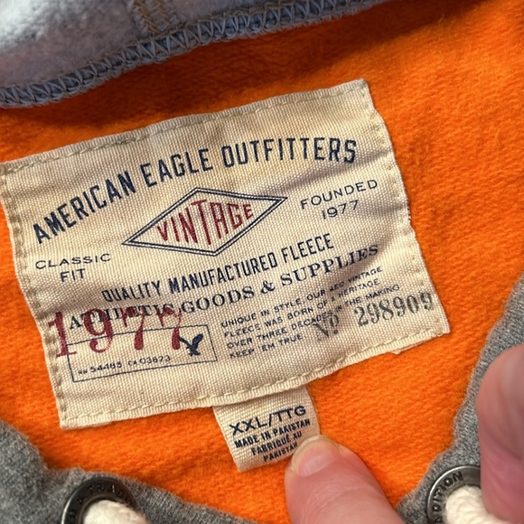 American Eagle Logo Hoodie Hooded Sweatshirt Classic Fit Size XXL Gray Orange - Picture 6 of 7